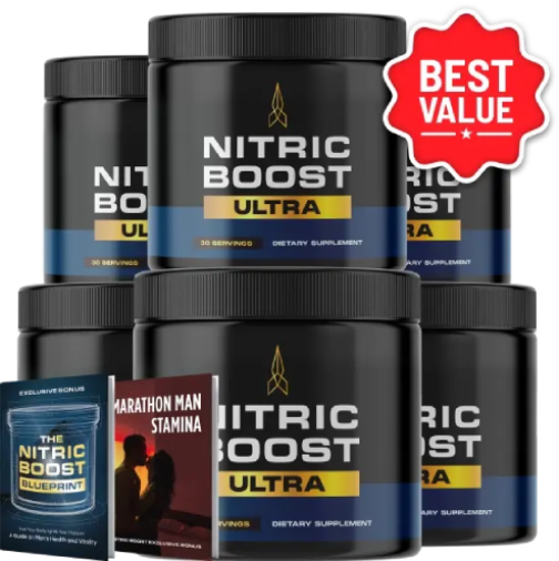 Nitric Boost product display showing 6 jar packages with 2 free digital bonuses and highlighting best value